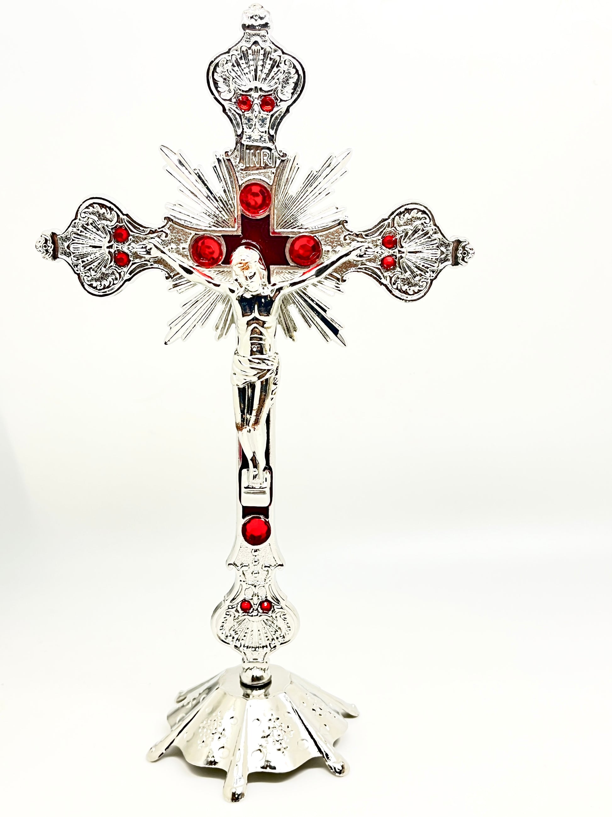 Silver and Red Standing Crucifix 9 1/2" - Unique Catholic Gifts