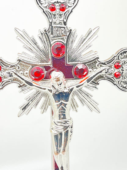 Silver and Red Standing Crucifix 9 1/2" - Unique Catholic Gifts