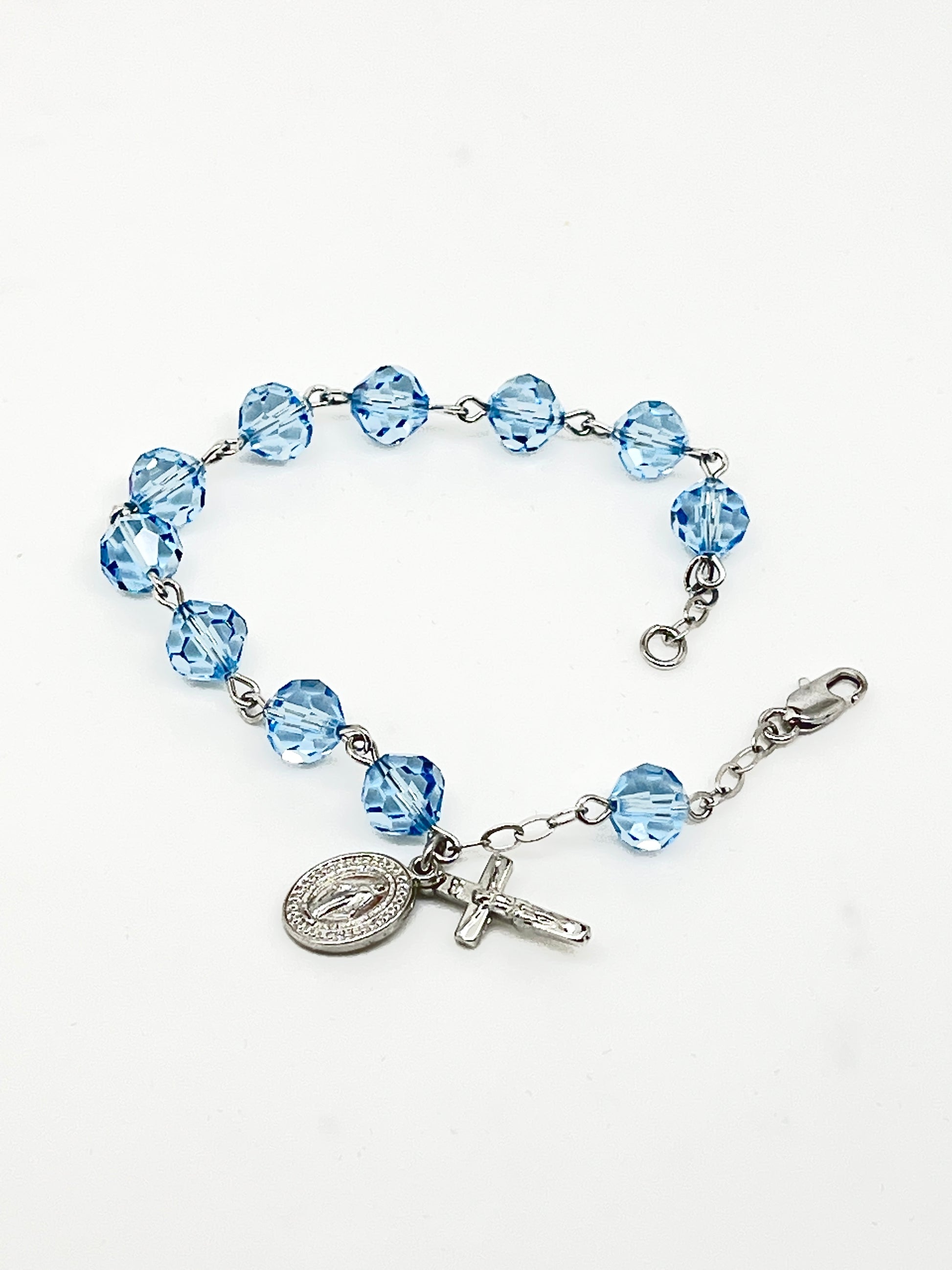 Austrian Crystal Aqua Blue Rosary Bracelet 7MM - Unique Catholic Gifts