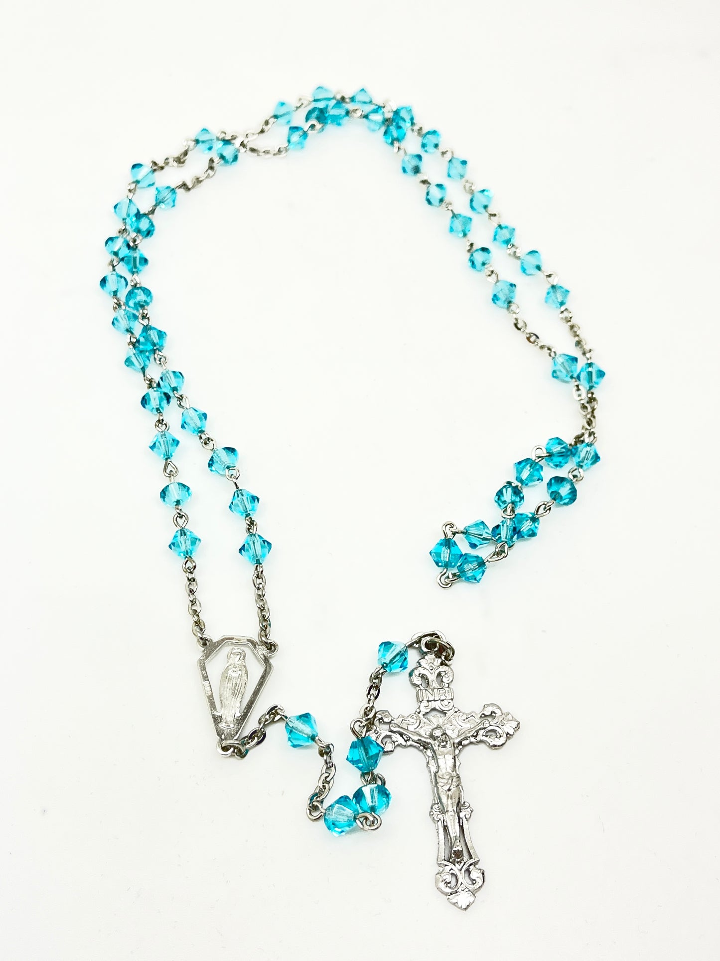 Our Lady of Lourdes Aqua Rundel Crystal beads Silver-Plated Rosary 6mm - Unique Catholic Gifts