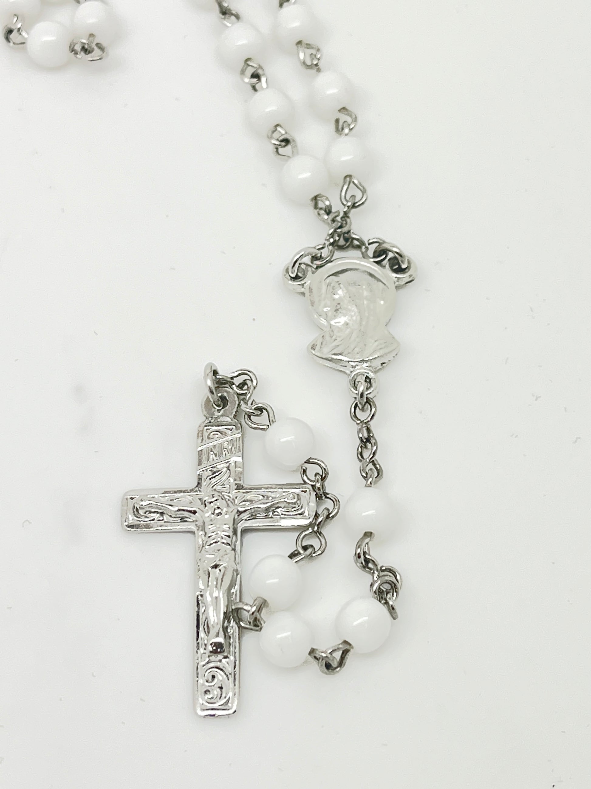 Madonna White  Bead Rosary 4mm - Unique Catholic Gifts