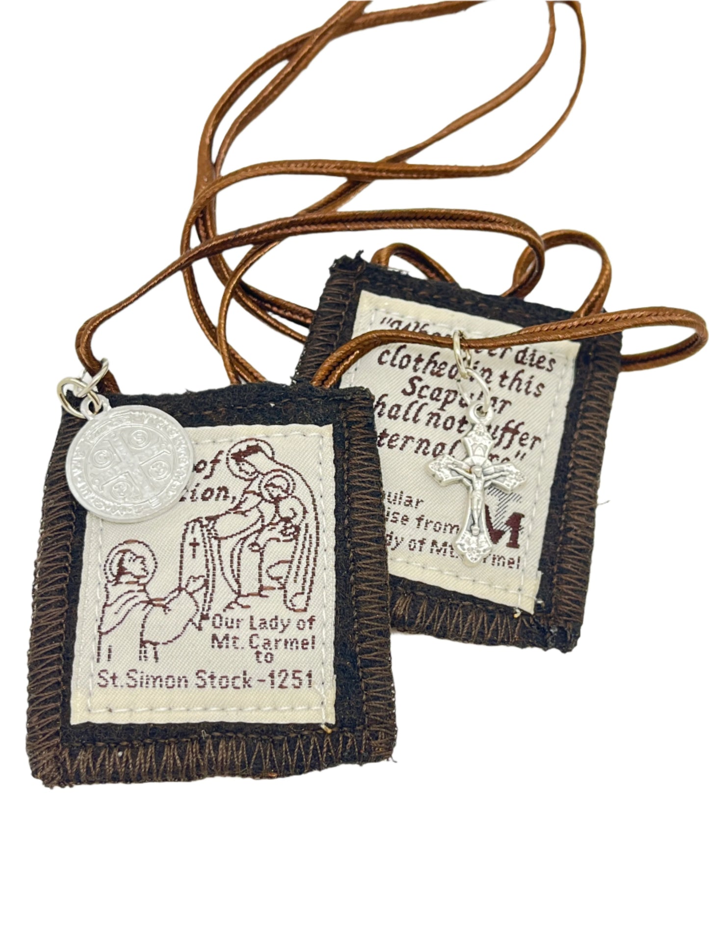 Brown Scapular with St. Benedict  & Crucifix Medals. (Wool) with Pamphlets - Unique Catholic Gifts