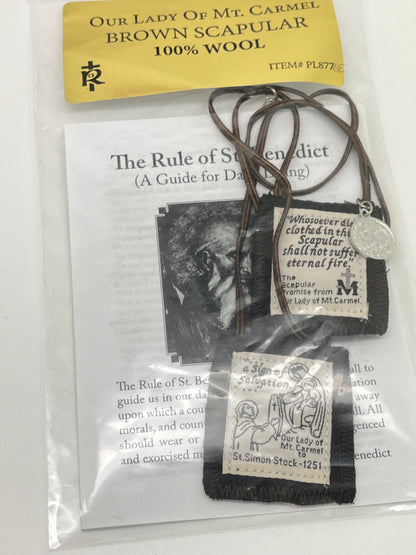 Brown Scapular with St. Benedict  & Crucifix Medals. (Wool) with Pamphlets - Unique Catholic Gifts