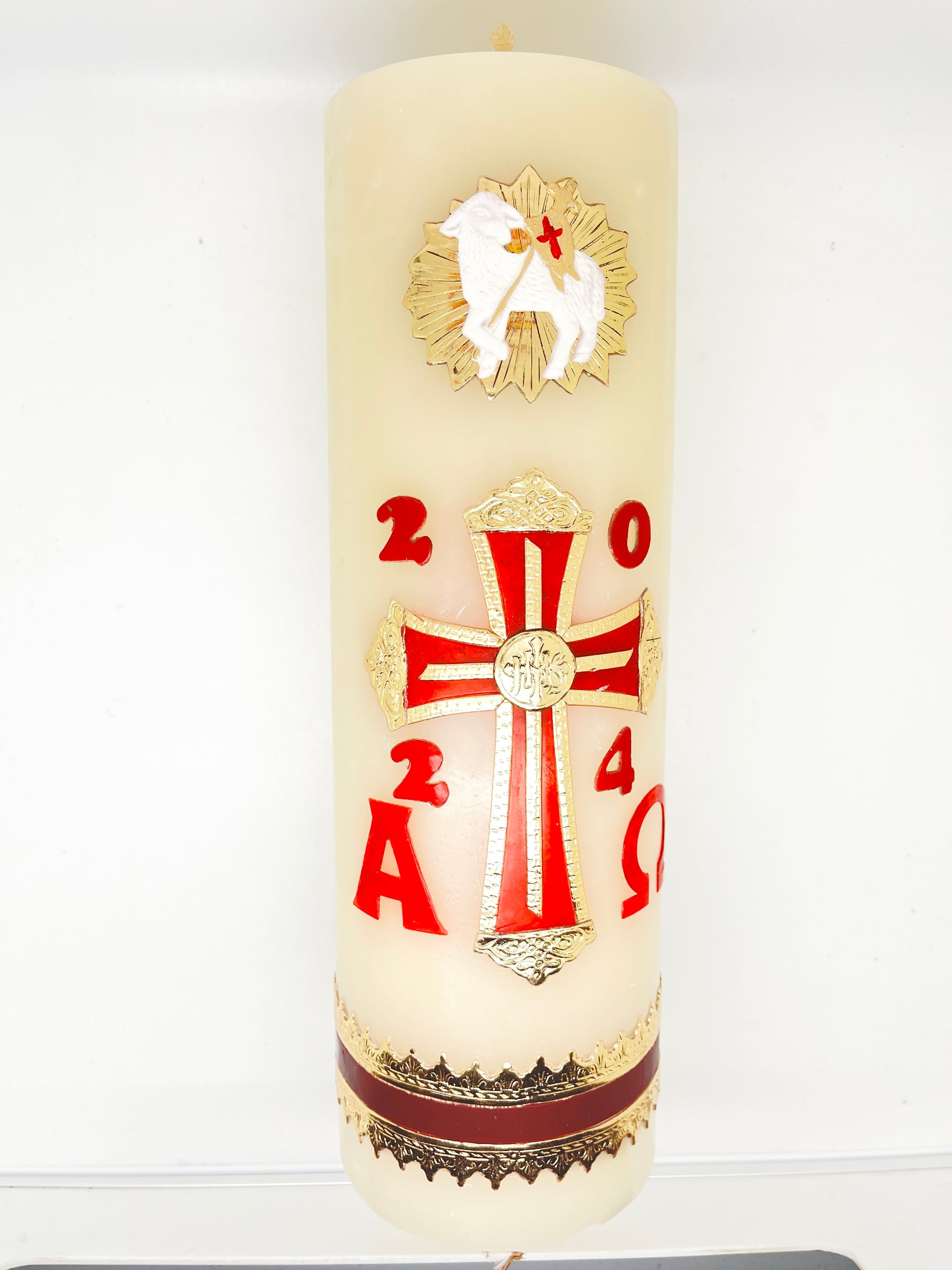 Alpha Omega Pascual Candle Cirio Candle Beeswax (12" x 4") - Unique Catholic Gifts