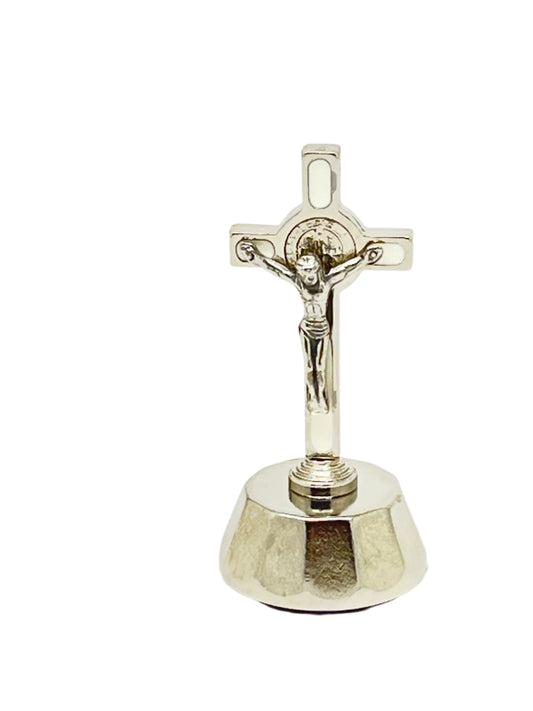 St. Benedict Auto Crucifix White Enamel and Silver 2 " - Unique Catholic Gifts