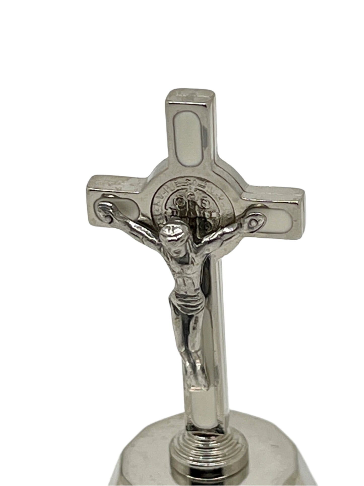 St. Benedict Auto Crucifix White Enamel and Silver 2 " - Unique Catholic Gifts