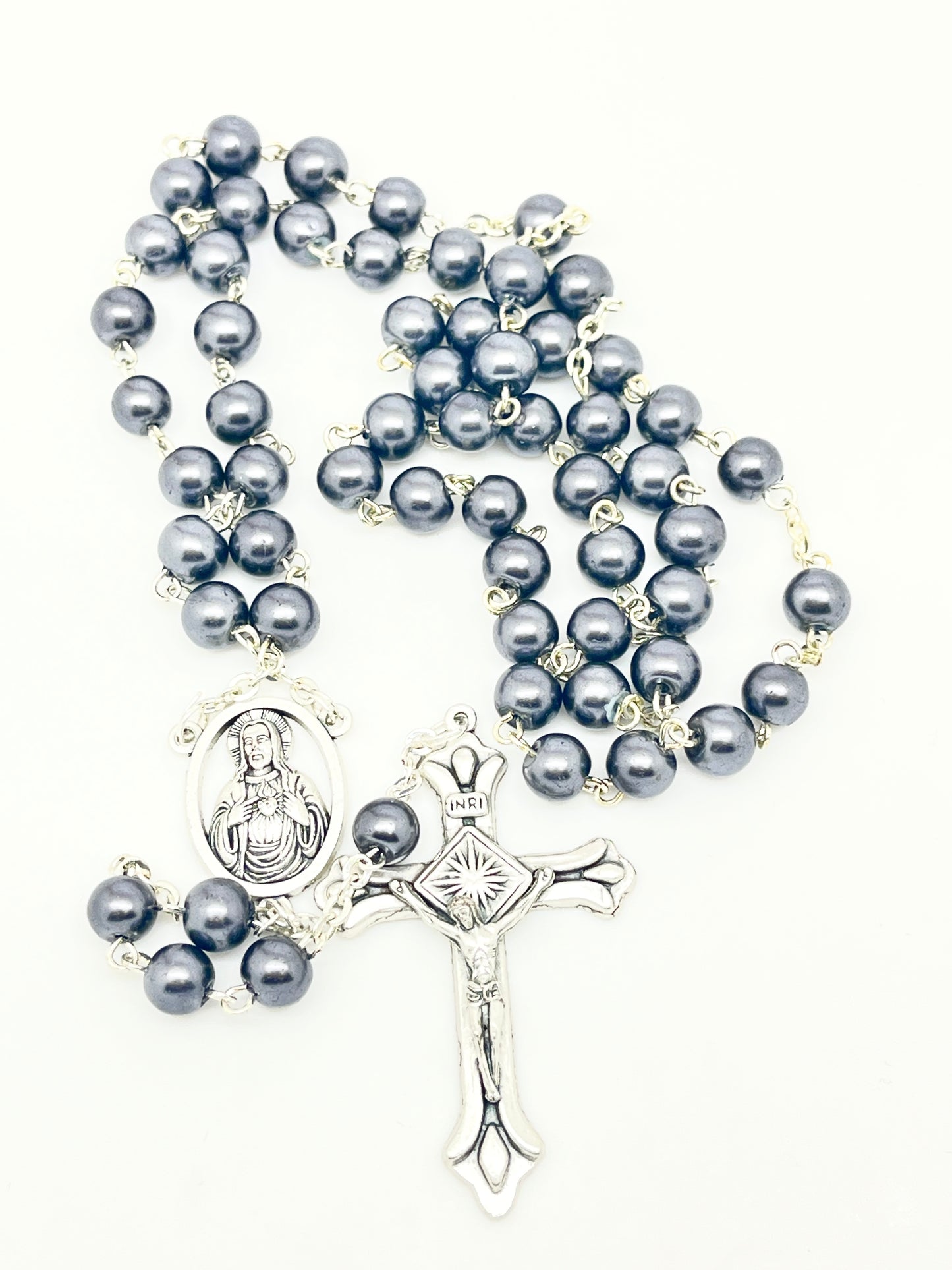 Sacred Heart Hematite Rosary 7mm - Unique Catholic Gifts