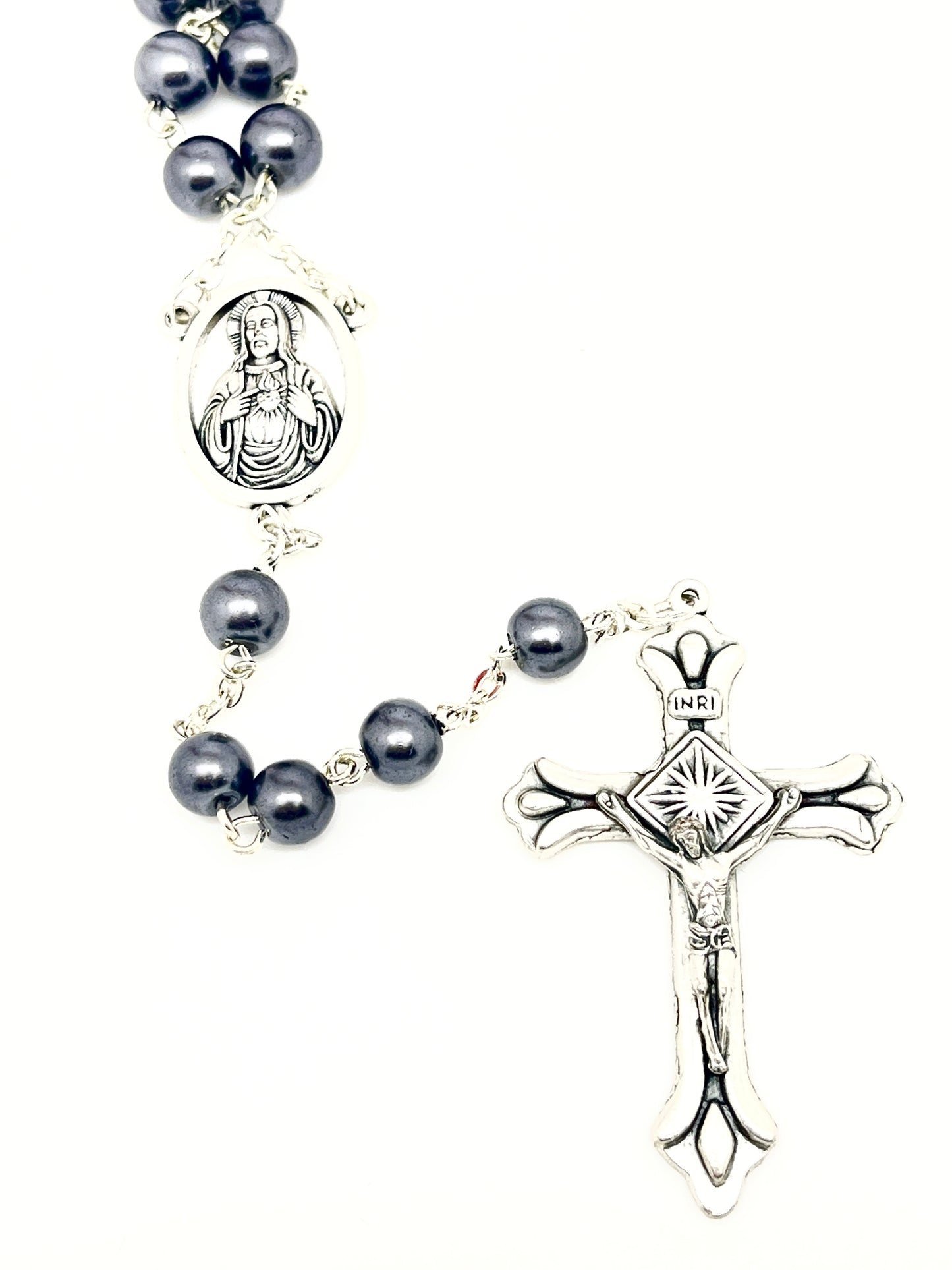 Sacred Heart Hematite Rosary 7mm - Unique Catholic Gifts