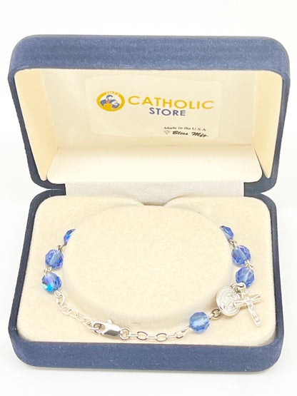 Blue Sapphire Crystal Rosary Bracelet 6MM - Unique Catholic Gifts