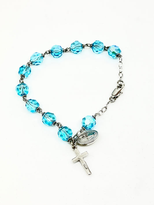 Aqua Crystal Rosary Bracelet 7MM - Unique Catholic Gifts