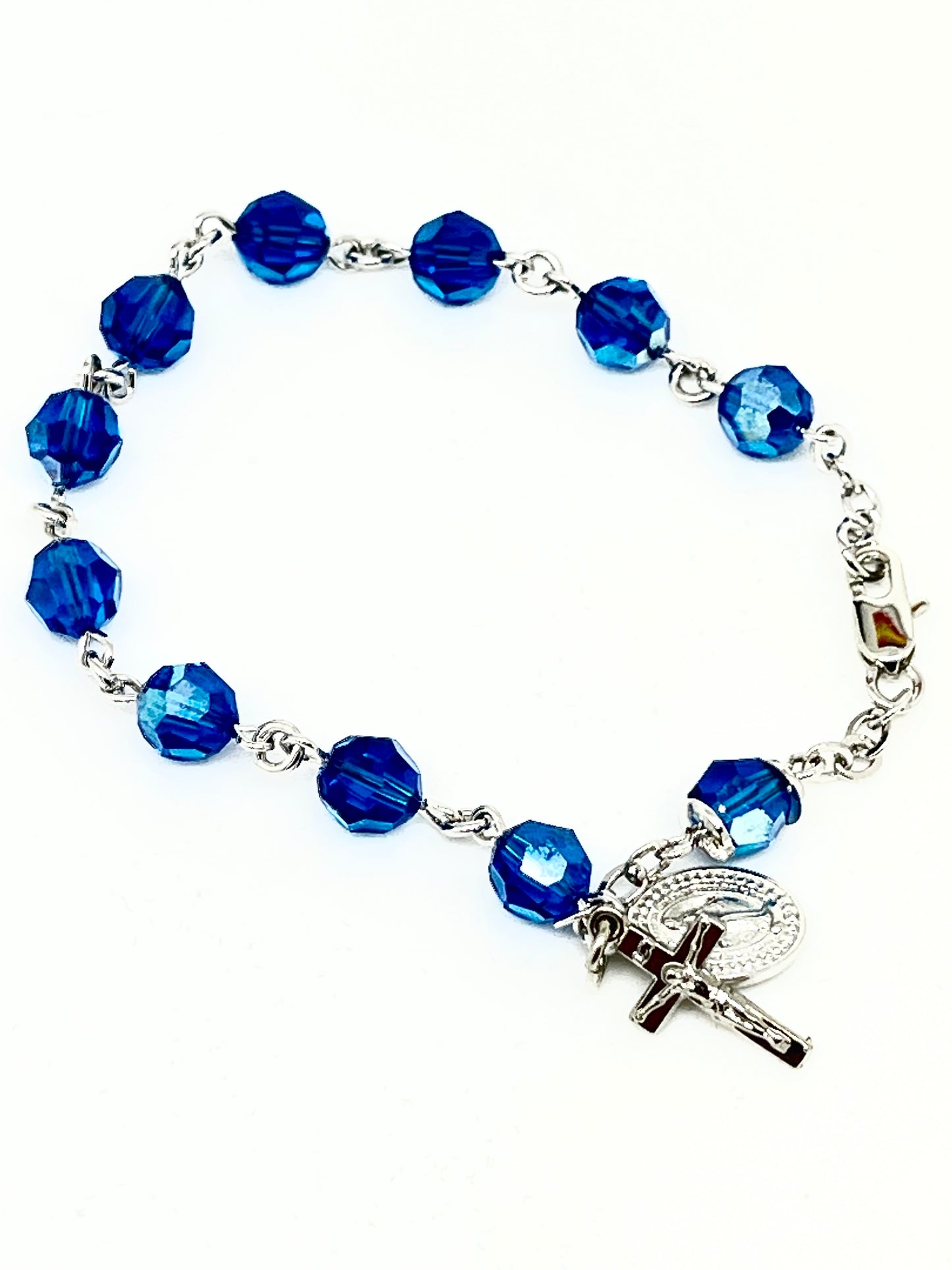 Blue Sapphire Crystal Rosary Bracelet 7MM - Unique Catholic Gifts