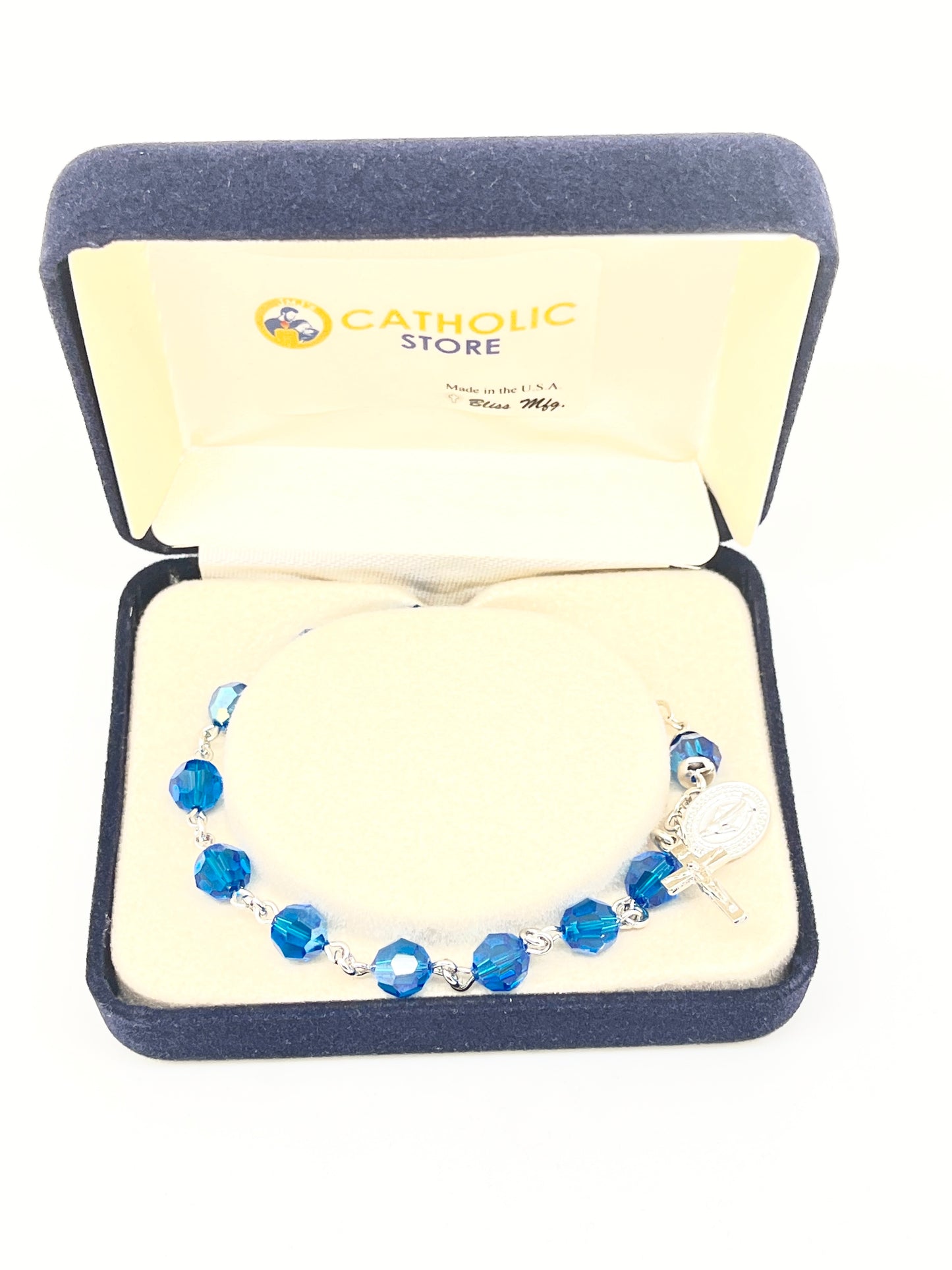 Blue Sapphire Crystal Rosary Bracelet 7MM - Unique Catholic Gifts