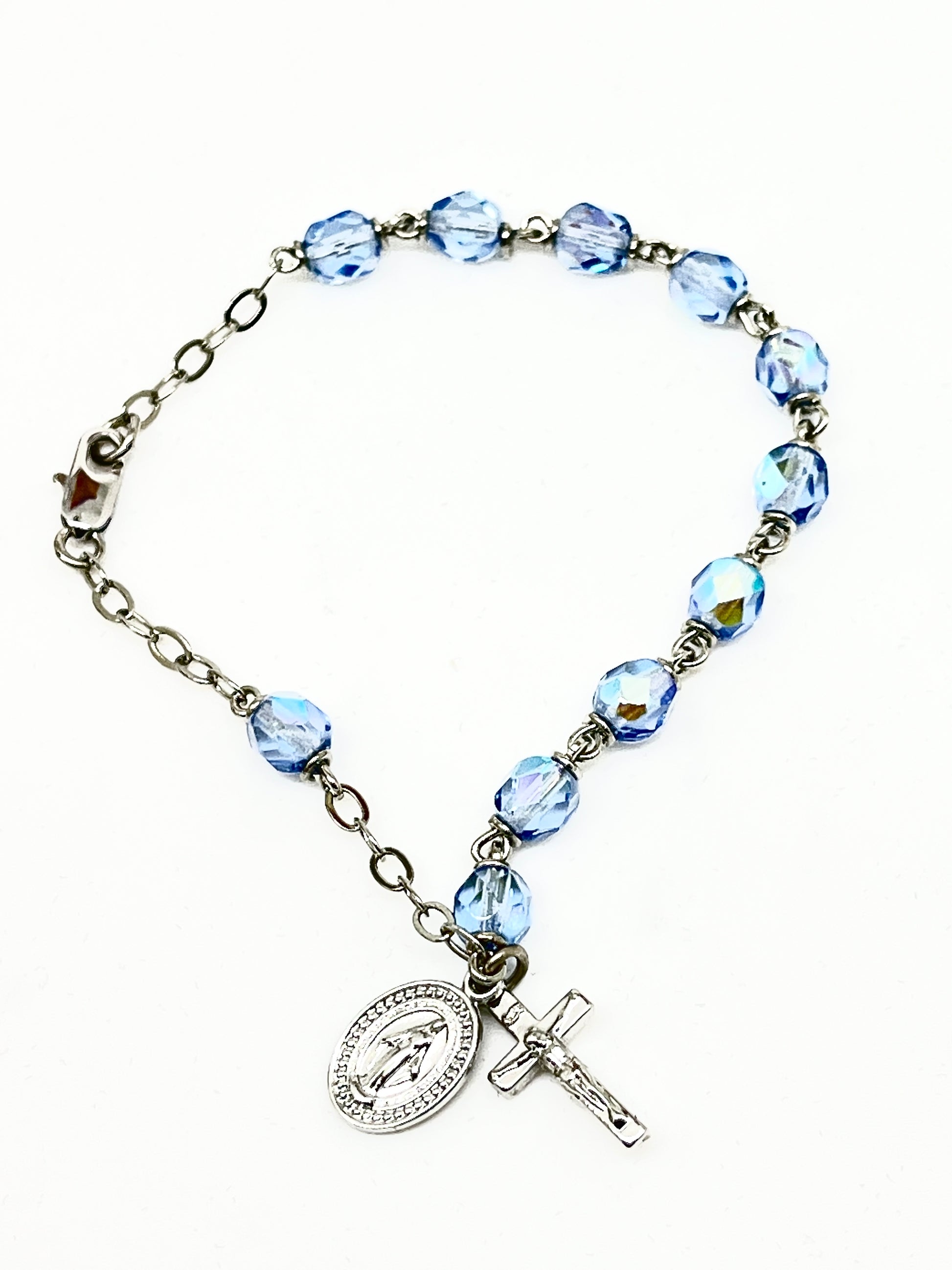 Light Blue Sapphire Crystal Rosary Bracelet 6MM - Unique Catholic Gifts