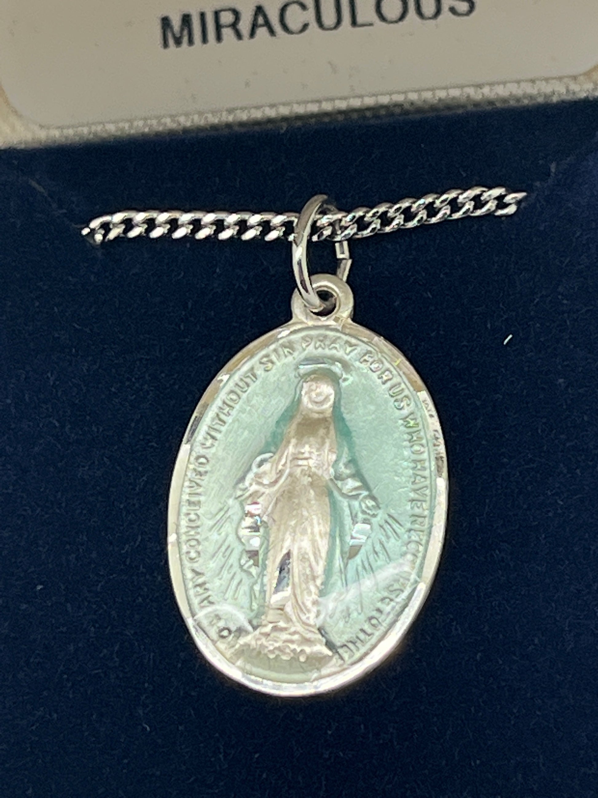 Sterling Silver Miraculous Medal Blue Enamel  5/8" - Unique Catholic Gifts