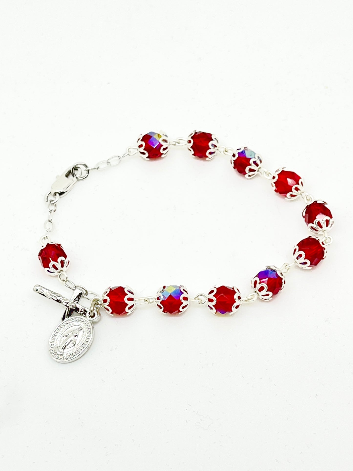 Capped Ruby Crystal Rosary Bracelet 7MM - Unique Catholic Gifts