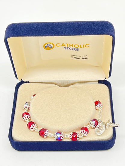 Capped Ruby Crystal Rosary Bracelet 7MM - Unique Catholic Gifts