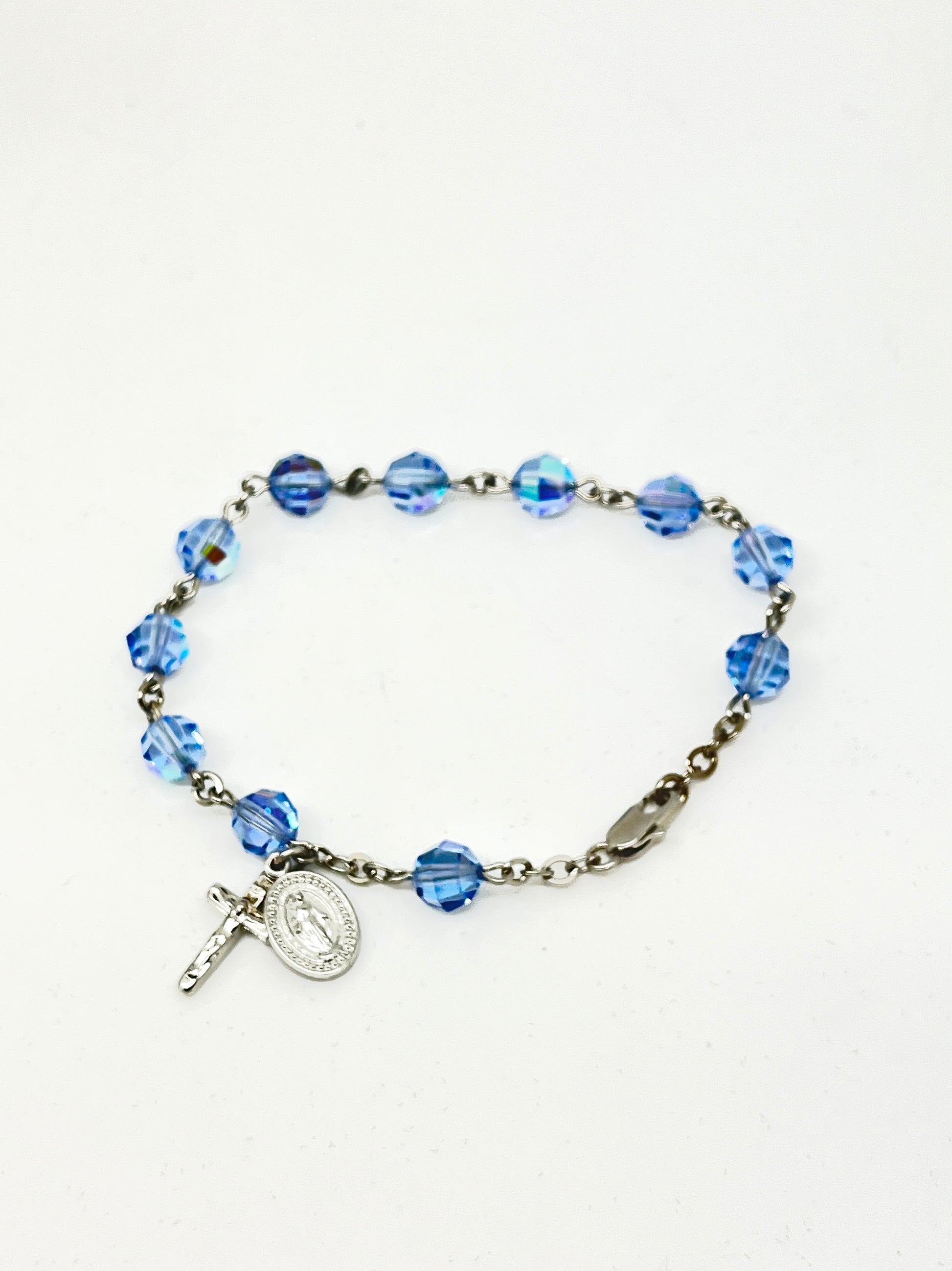 Light Blue Sapphire Crystal Rosary Bracelet 7MM - Unique Catholic Gifts