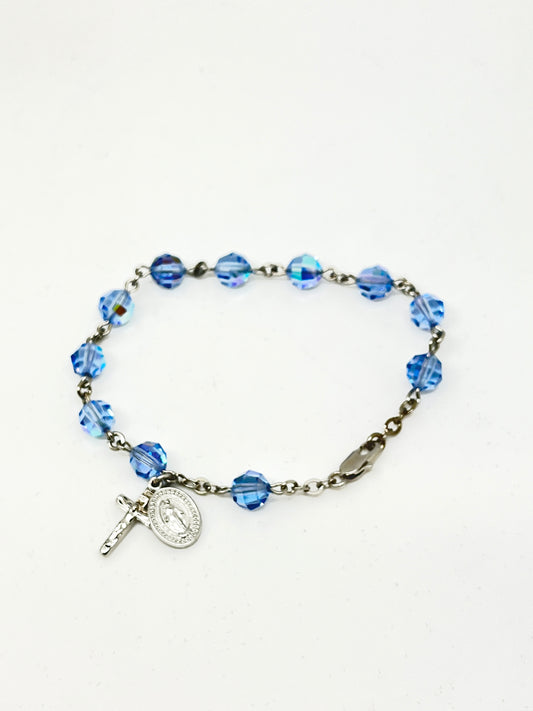 Light Blue Sapphire Crystal Rosary Bracelet 7MM - Unique Catholic Gifts