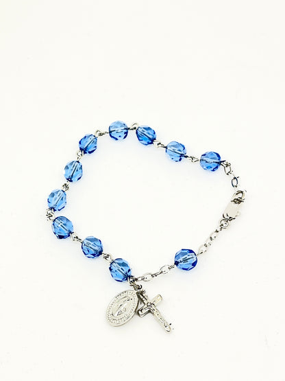 Light Blue Sapphire Crystal Rosary Bracelet 8MM - Unique Catholic Gifts