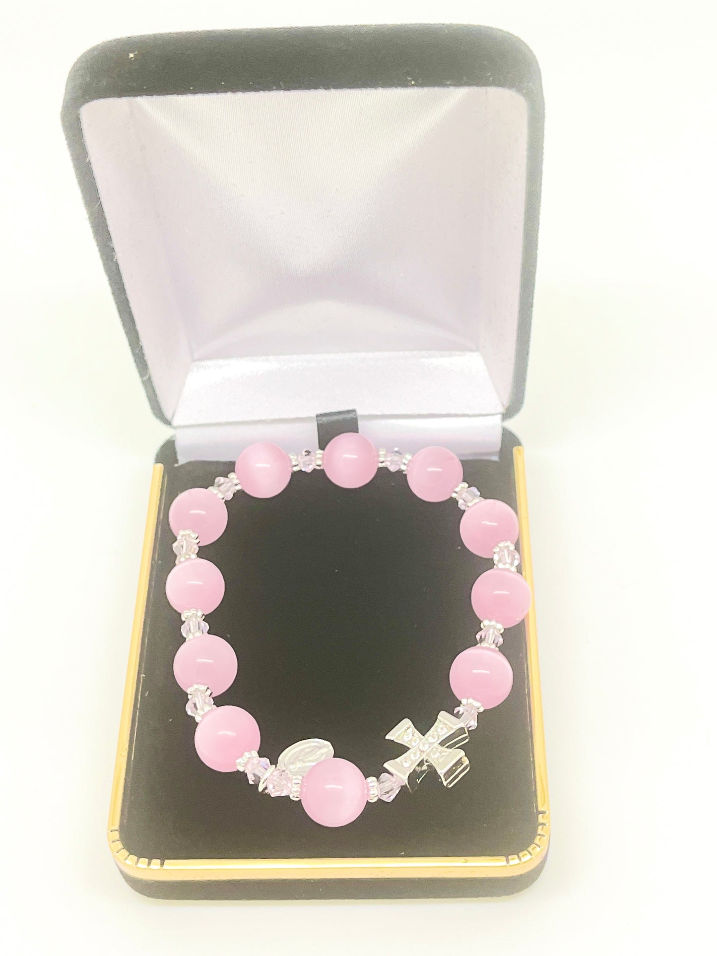 Genuine Pink Cats Eye Rosary Bracelet (10 mm) - Unique Catholic Gifts