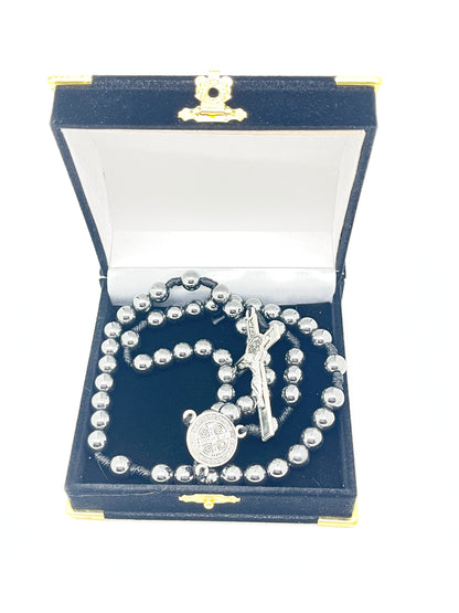 Hematite St. Benedict Corded Rosary (8 mm) - Unique Catholic Gifts