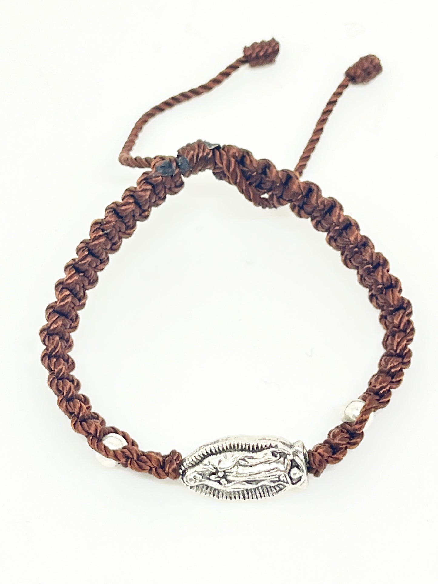 Our Lady of Guadalupe Brown Cord and Silver Sliding Bracelet - Unique Catholic Gifts