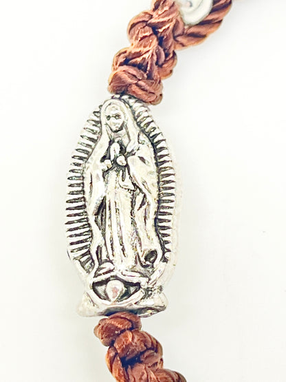 Our Lady of Guadalupe Brown Cord and Silver Sliding Bracelet - Unique Catholic Gifts