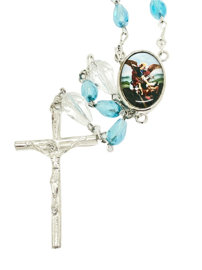 St. Michael Chaplet Silver with Aqua Blue Crystal Beads - Unique Catholic Gifts