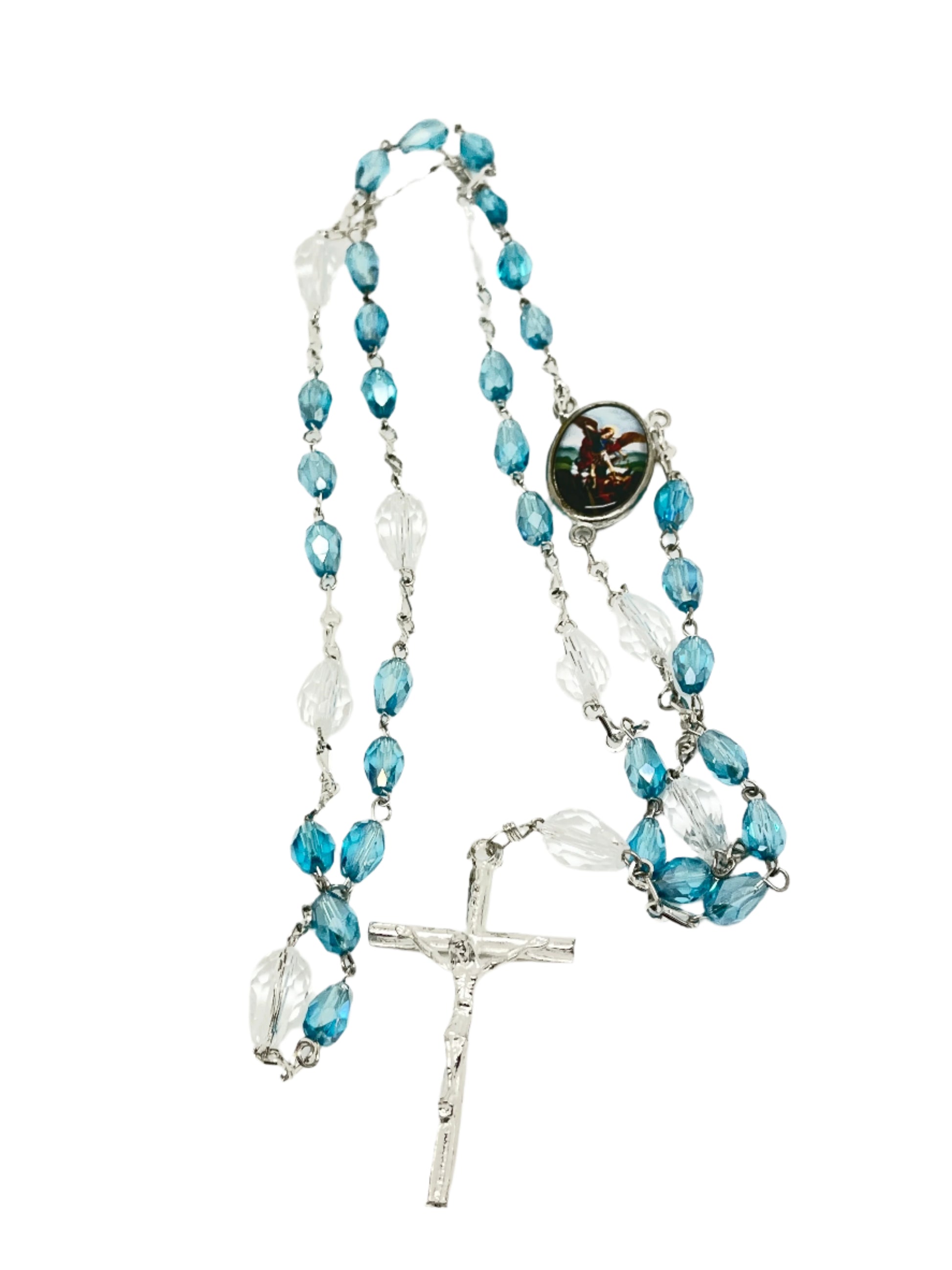 St. Michael Chaplet Silver with Aqua Blue Crystal Beads - Unique Catholic Gifts