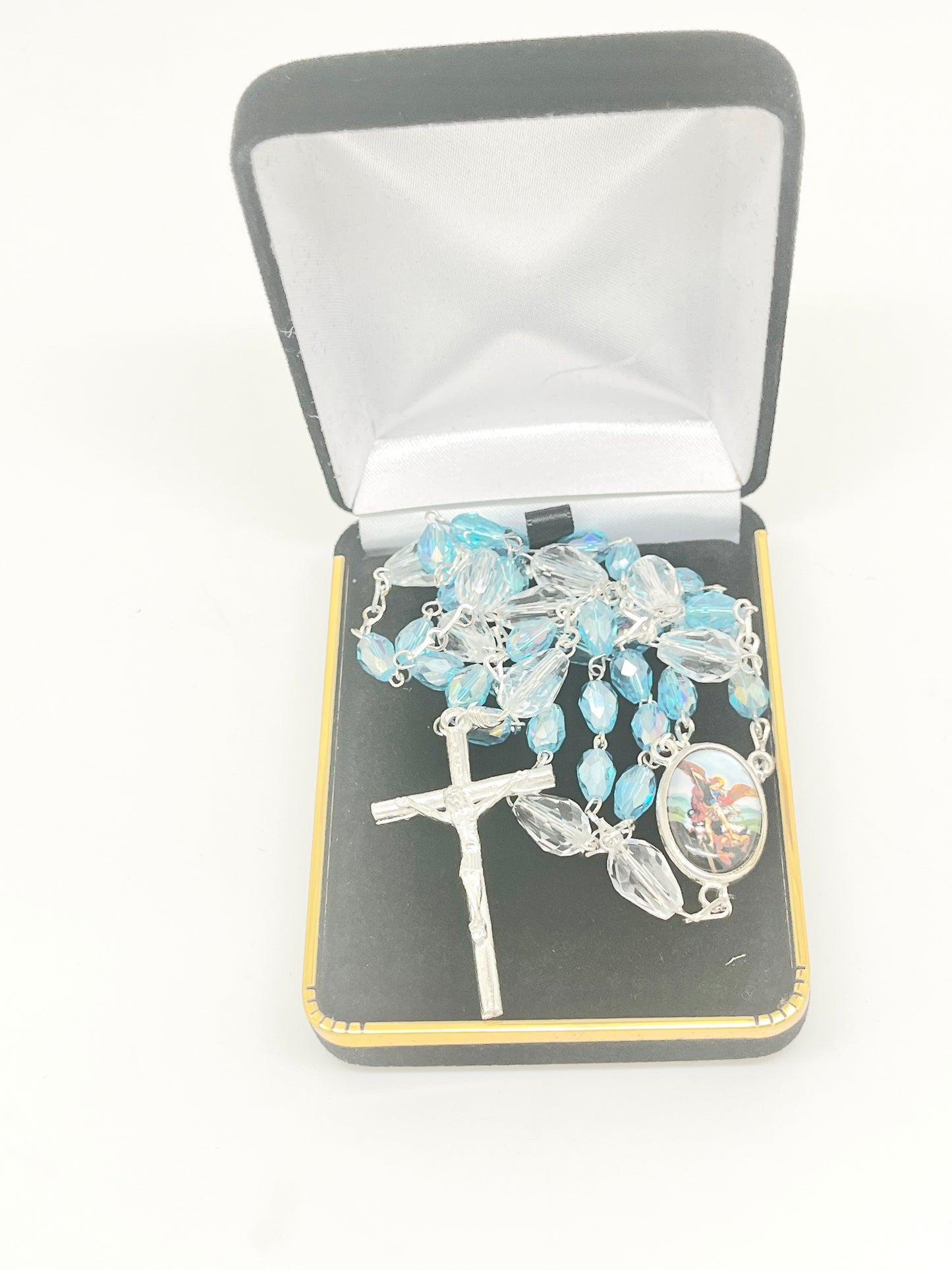 St. Michael Chaplet Silver with Aqua Blue Crystal Beads - Unique Catholic Gifts