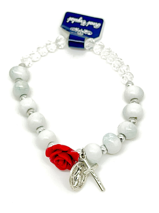 Clear and White Beads with a Rose Stretch Rosary Bracelet