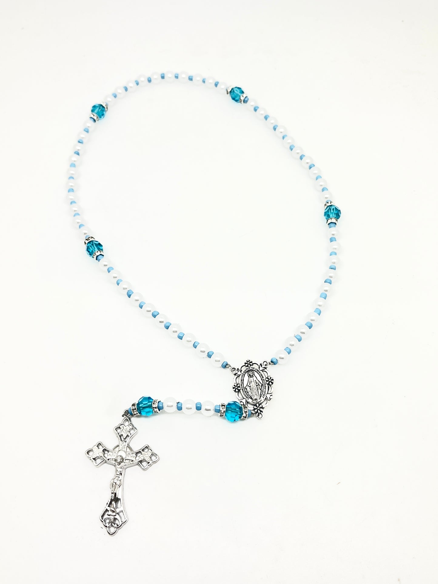 Blue Crystal and Imitation Pearl Rosary 6mm