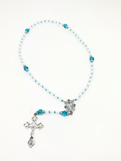 Blue Crystal and Imitation Pearl Rosary 6mm