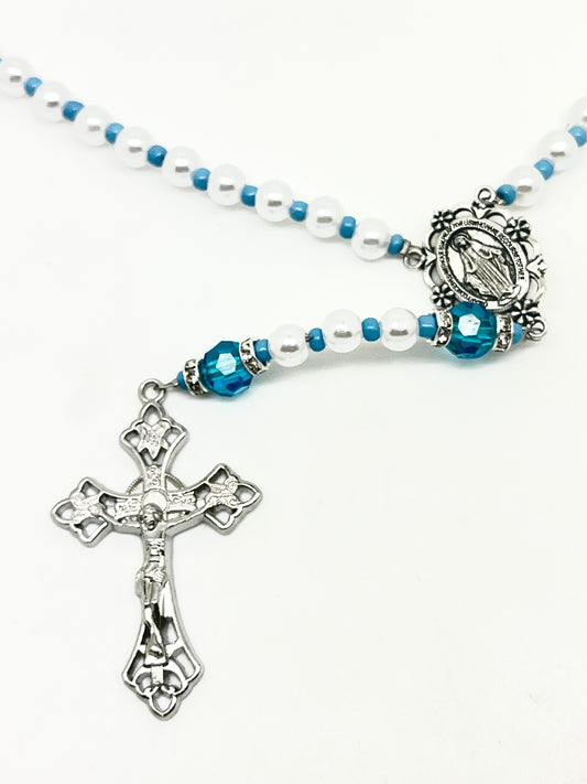 Blue Crystal and Imitation Pearl Rosary 6mm