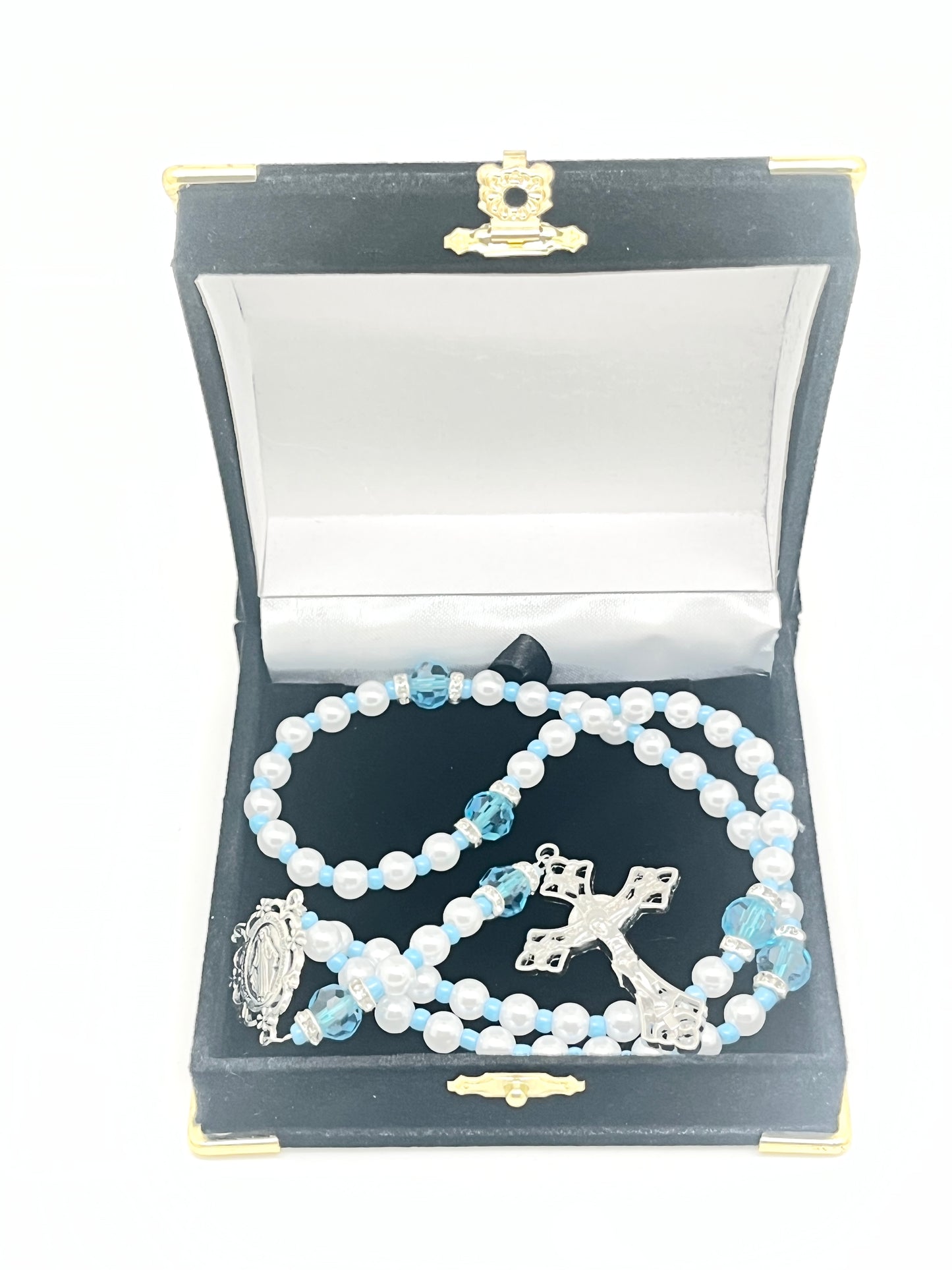 Blue Crystal and Imitation Pearl Rosary 6mm