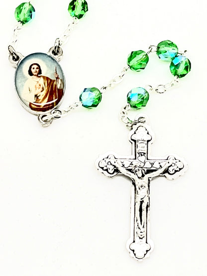 St. Jude Green Glass Bead Rosary