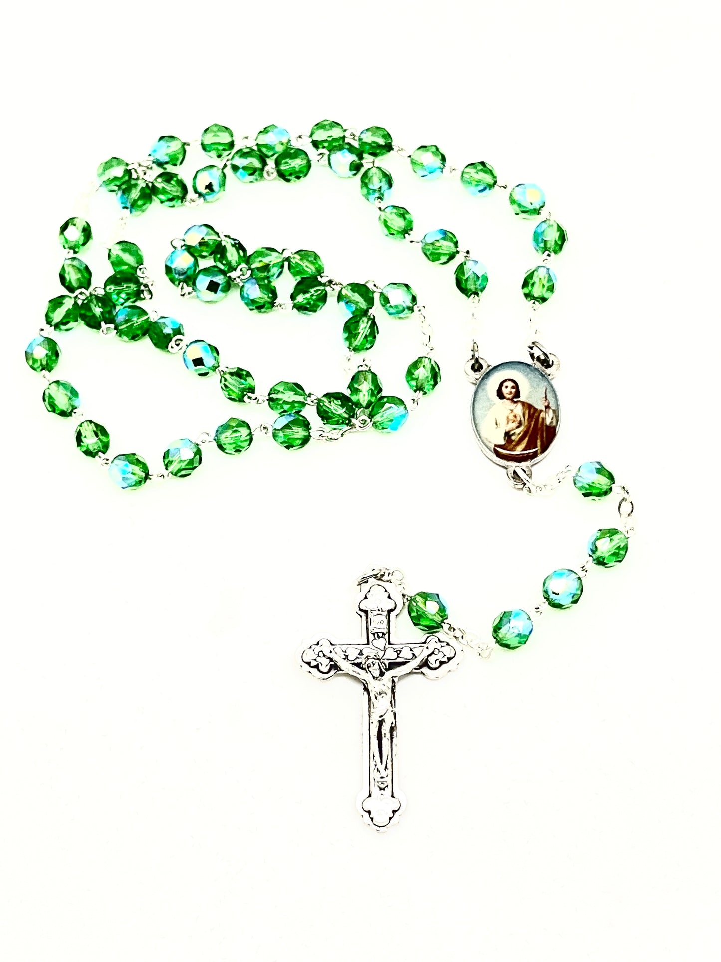 St. Jude Green Glass Bead Rosary