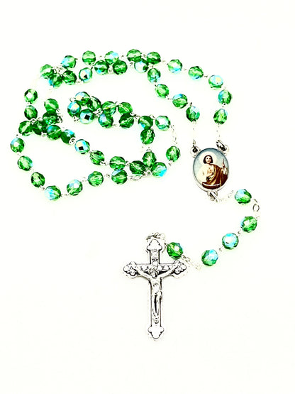 St. Jude Green Glass Bead Rosary