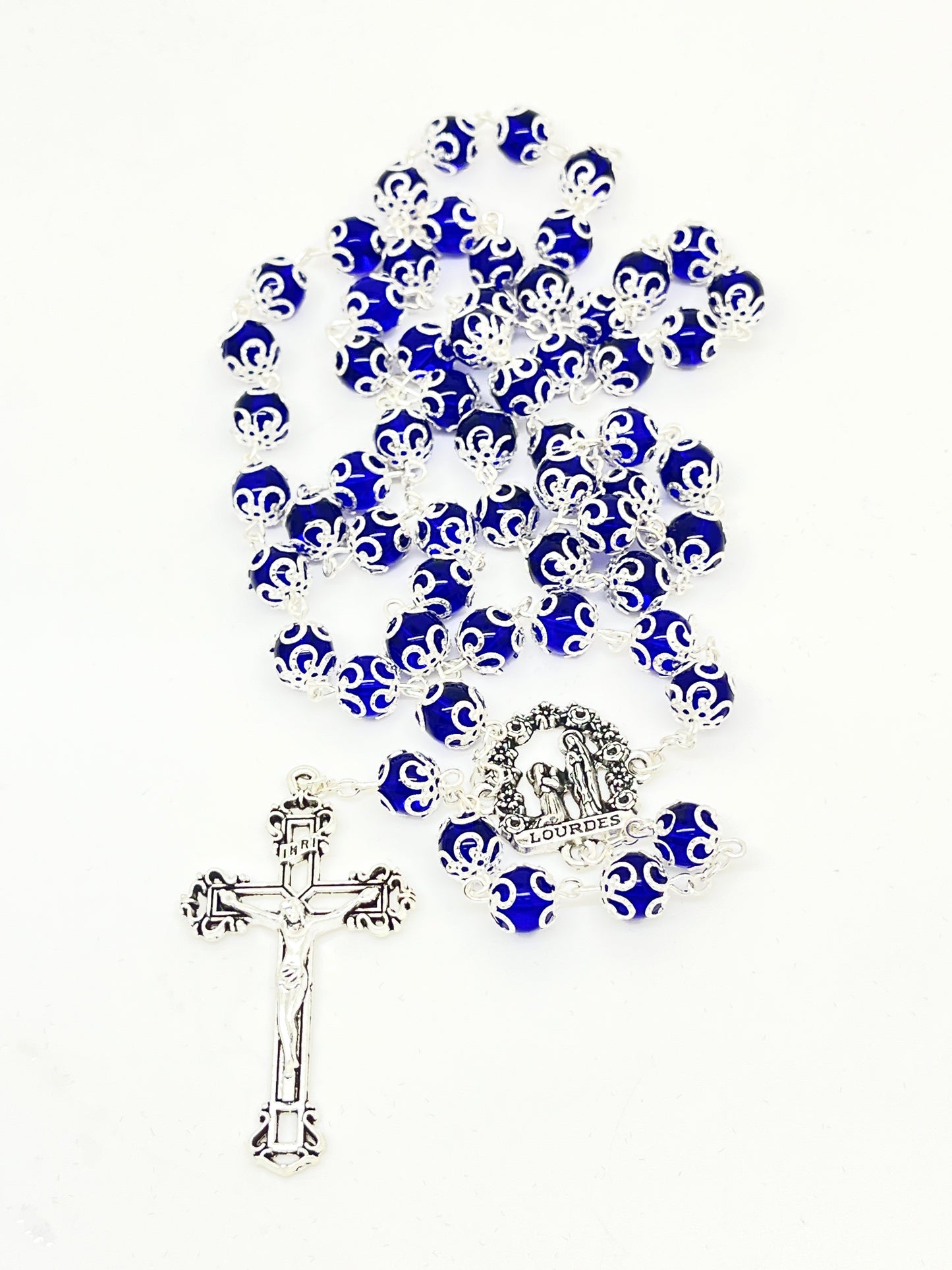 Lourdes Blue Glass Doubled Capped Rosary 8mm