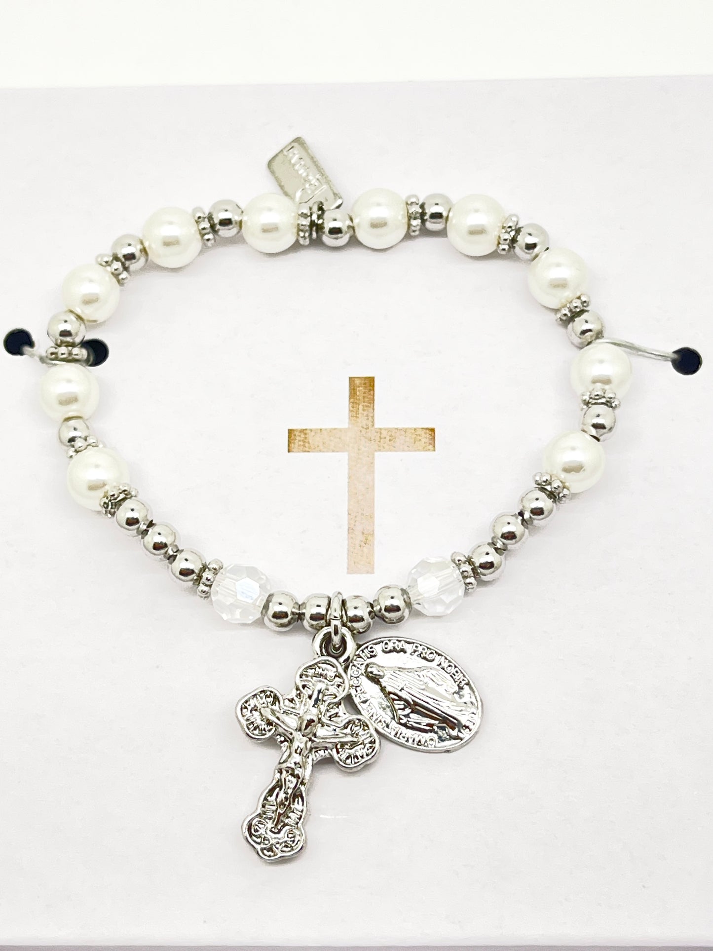 Silver and White Glass Pearls Rosary Bracelet