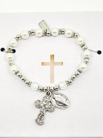 Silver and White Glass Pearls Rosary Bracelet