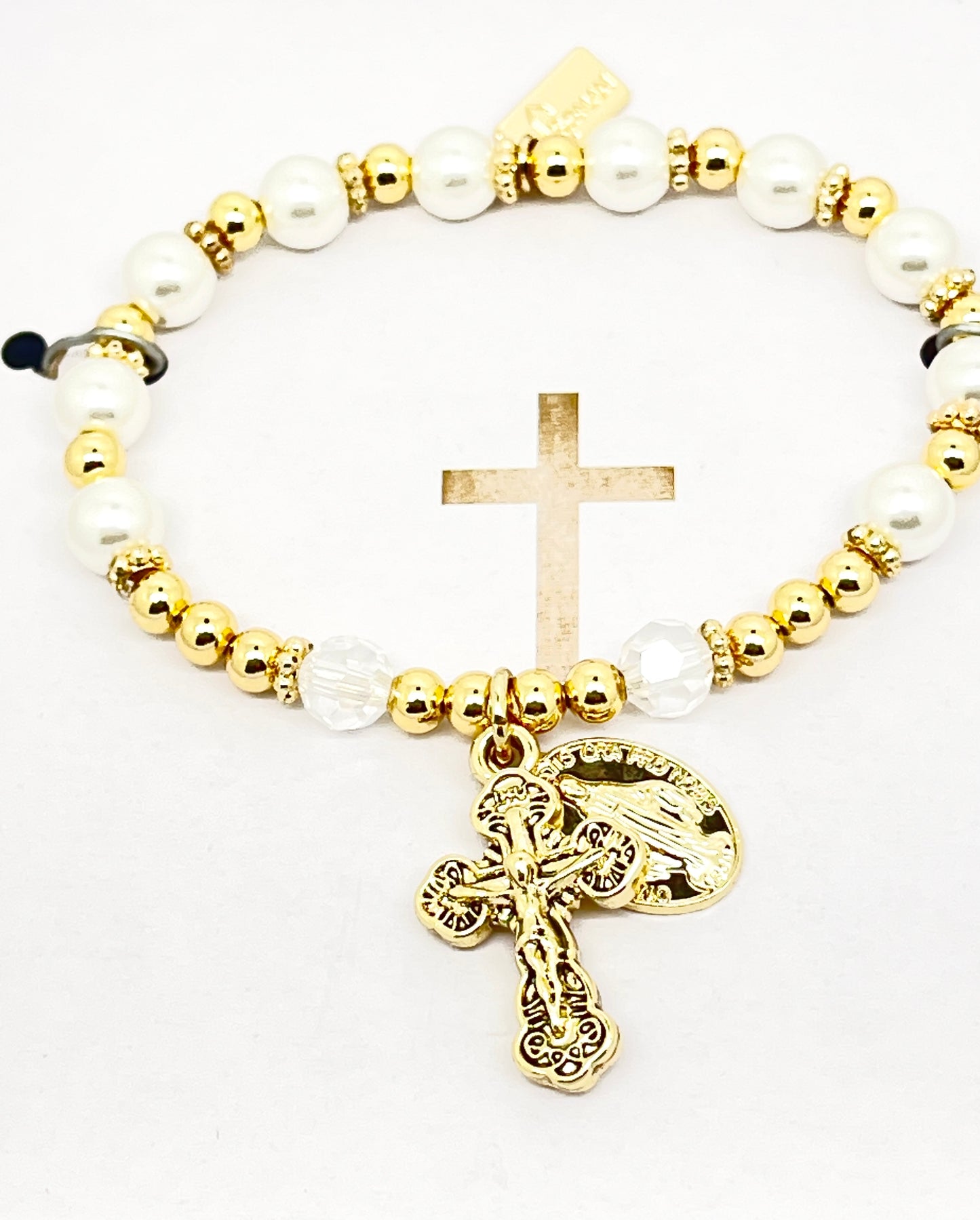 Gold and White Glass Pearls Rosary Bracelet