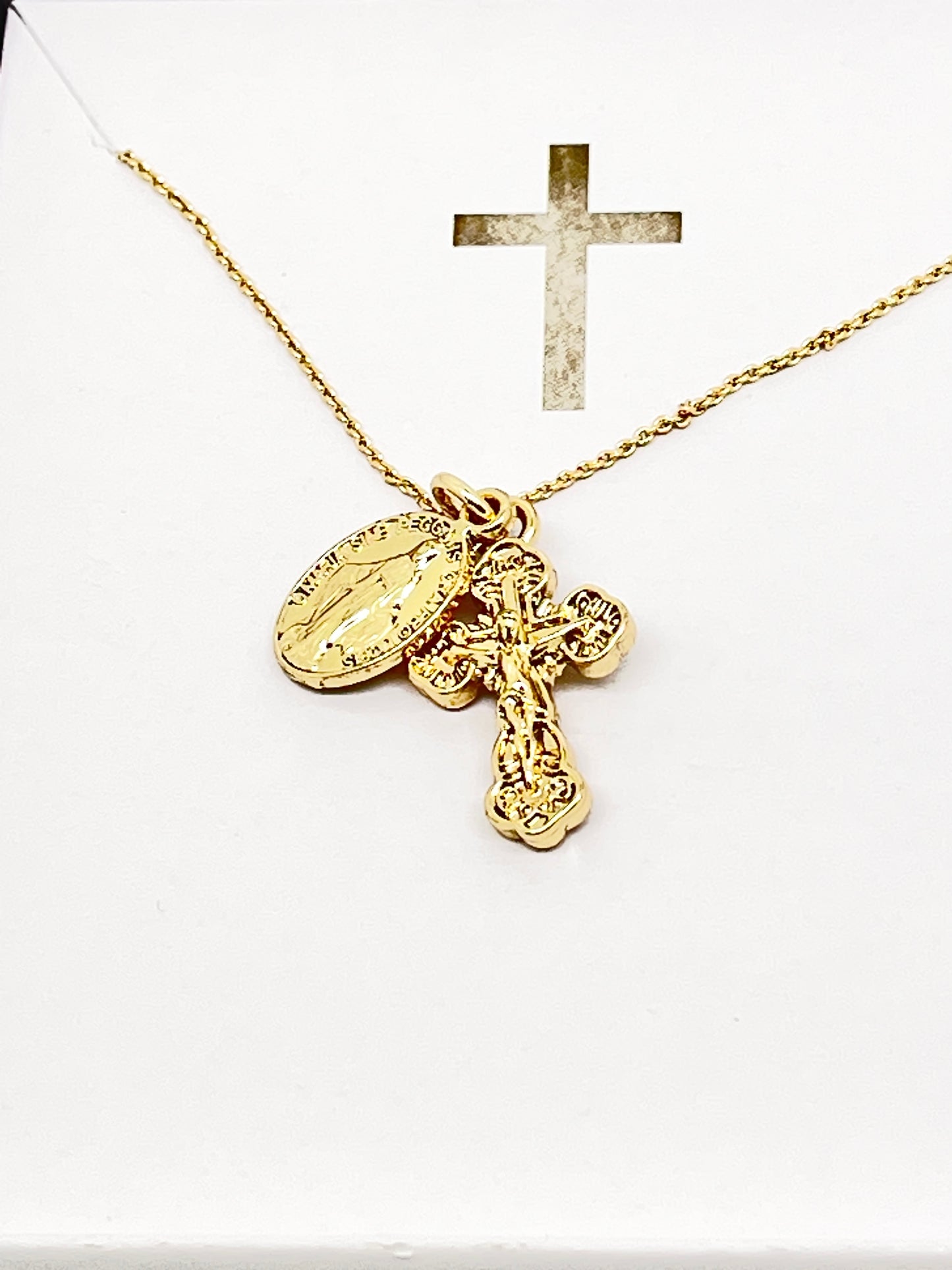 Gold Miraculous Medal and Crucifix Necklace 15"