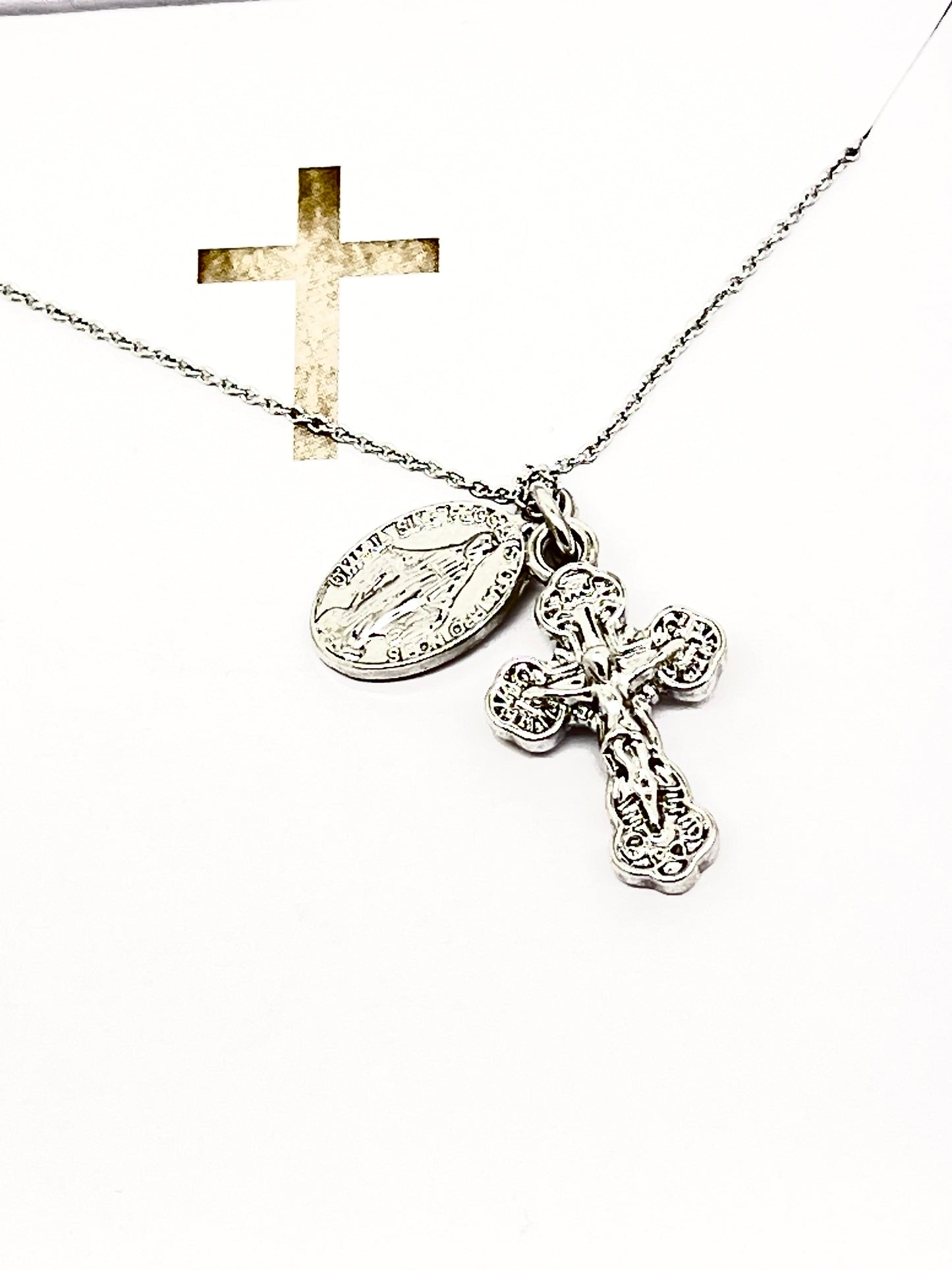 Silver Miraculous Medal and Crucifix Necklace 15"