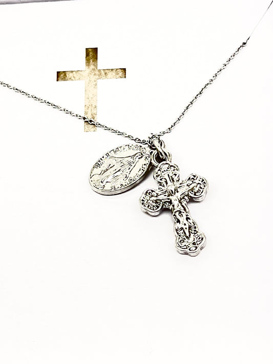 Silver Miraculous Medal and Crucifix Necklace 15"