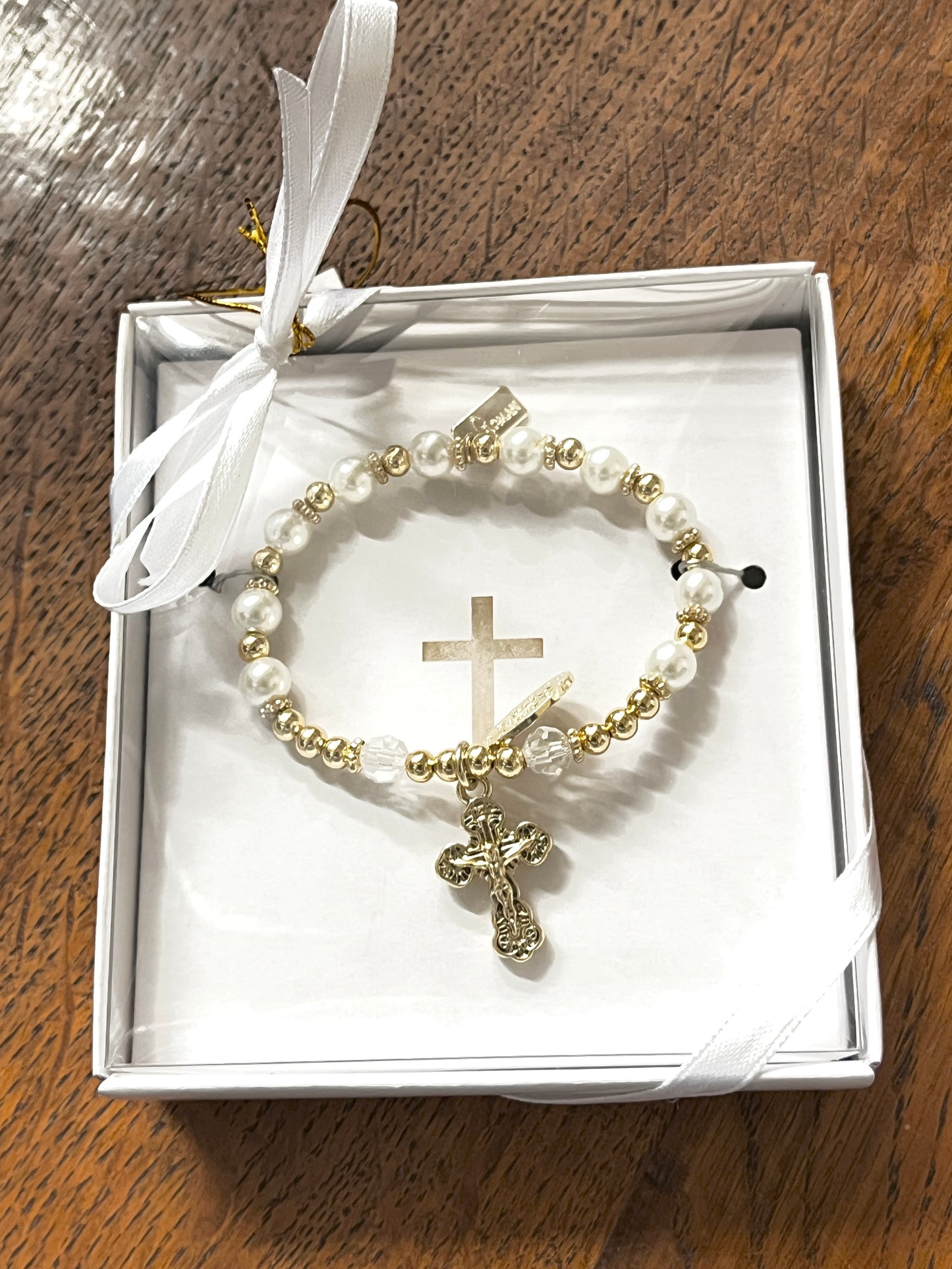 Gold and White Glass Pearls Rosary Bracelet