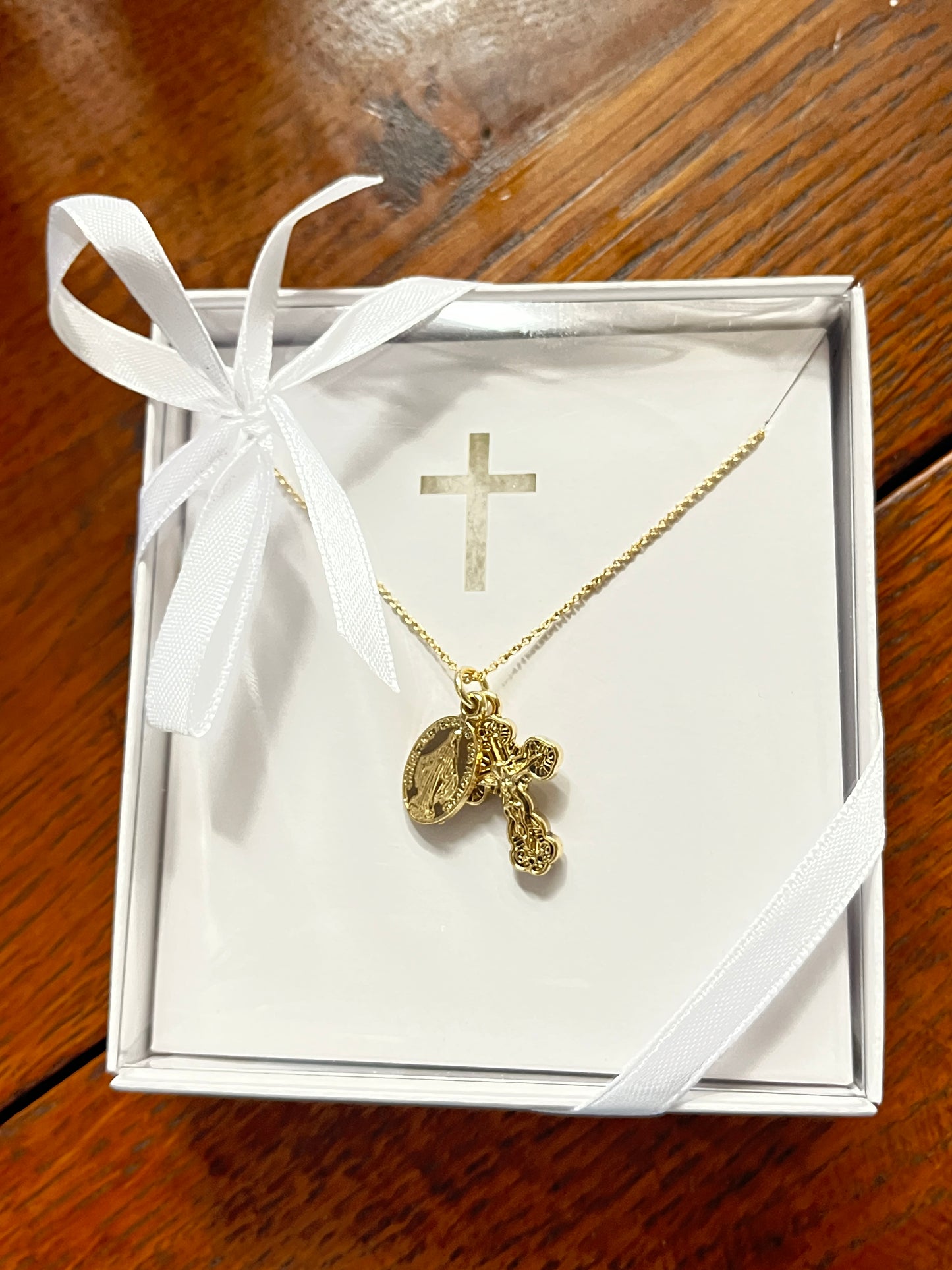 Gold Miraculous Medal and Crucifix Necklace 15"