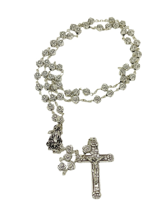 Silver Rose Medal Rosary 22"