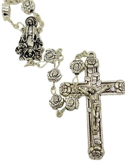 Silver Rose Medal Rosary 22"