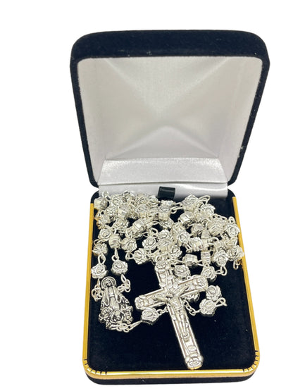 Silver Rose Medal Rosary 22"